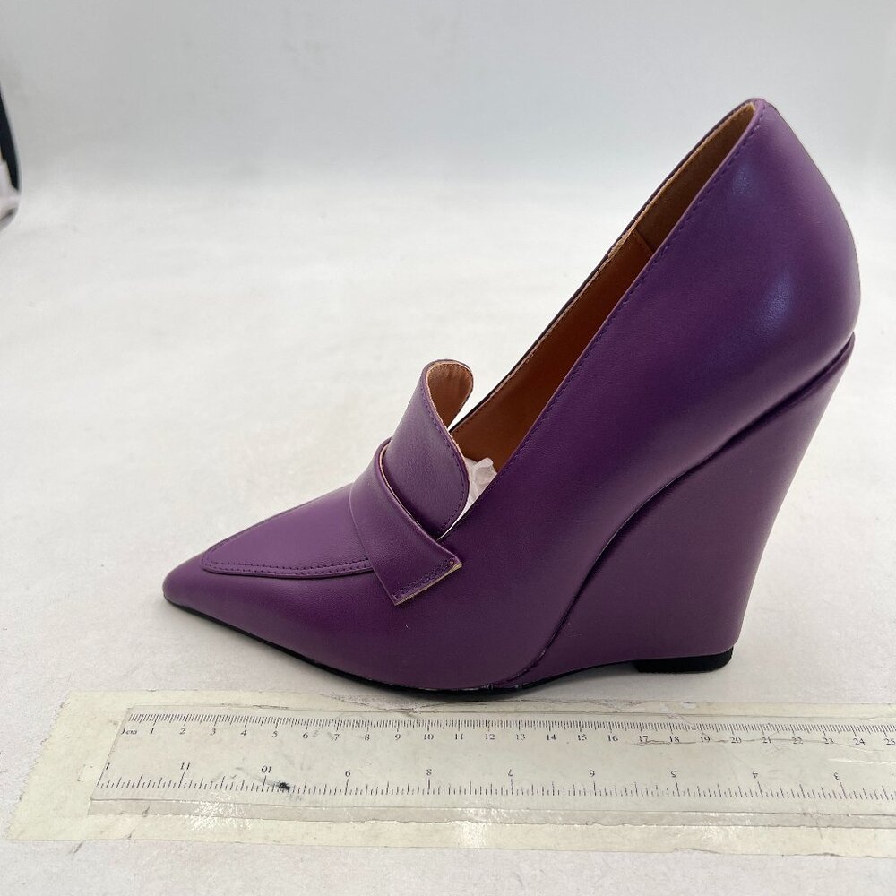 miss left Purple Wedge Heel Loafers Pumps Slip On Pointy Toe High Heels Shoes - Picture 2 of 8